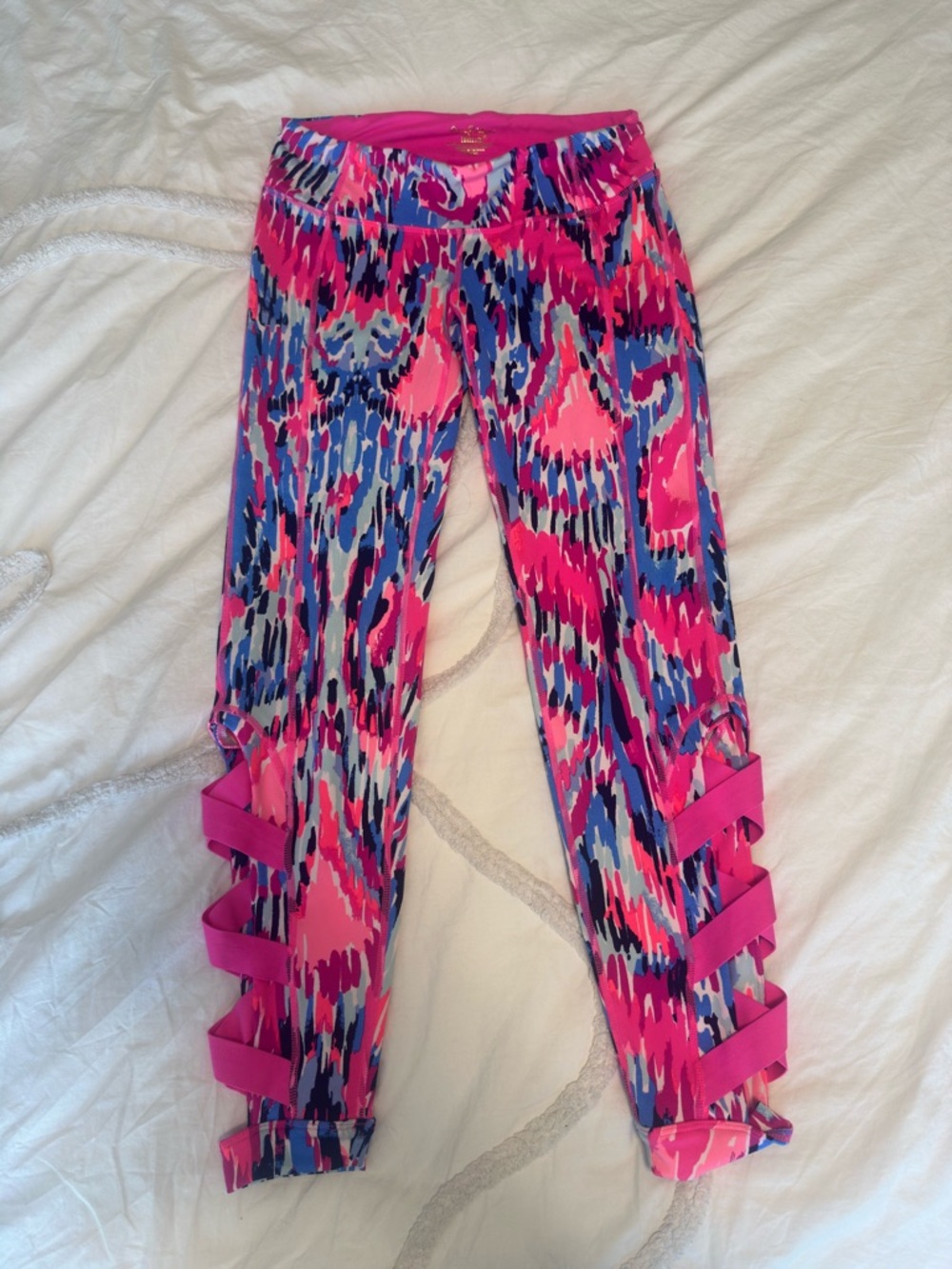 Lilly Pulitzer Pink & Blue Luxletic Cropped Leggings with Lattice Detail
